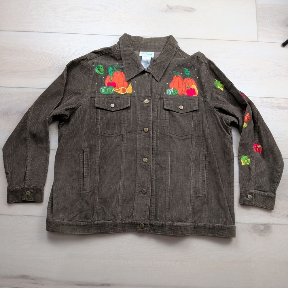 Quacker Factory Brown Corduroy Fall Harvest Pumpkin Cornucopia Jacket Womens 1X